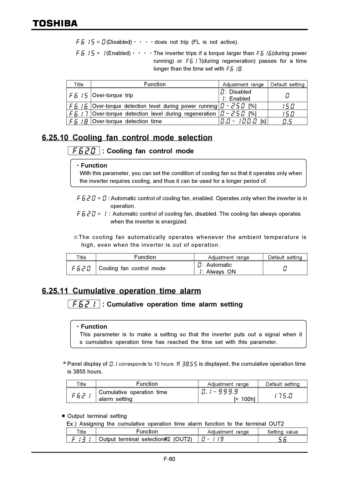 Toshiba VF-A7 Cooling fan control mode selection, Cumulative operation time alarm,  ：Cooling fan control mode 