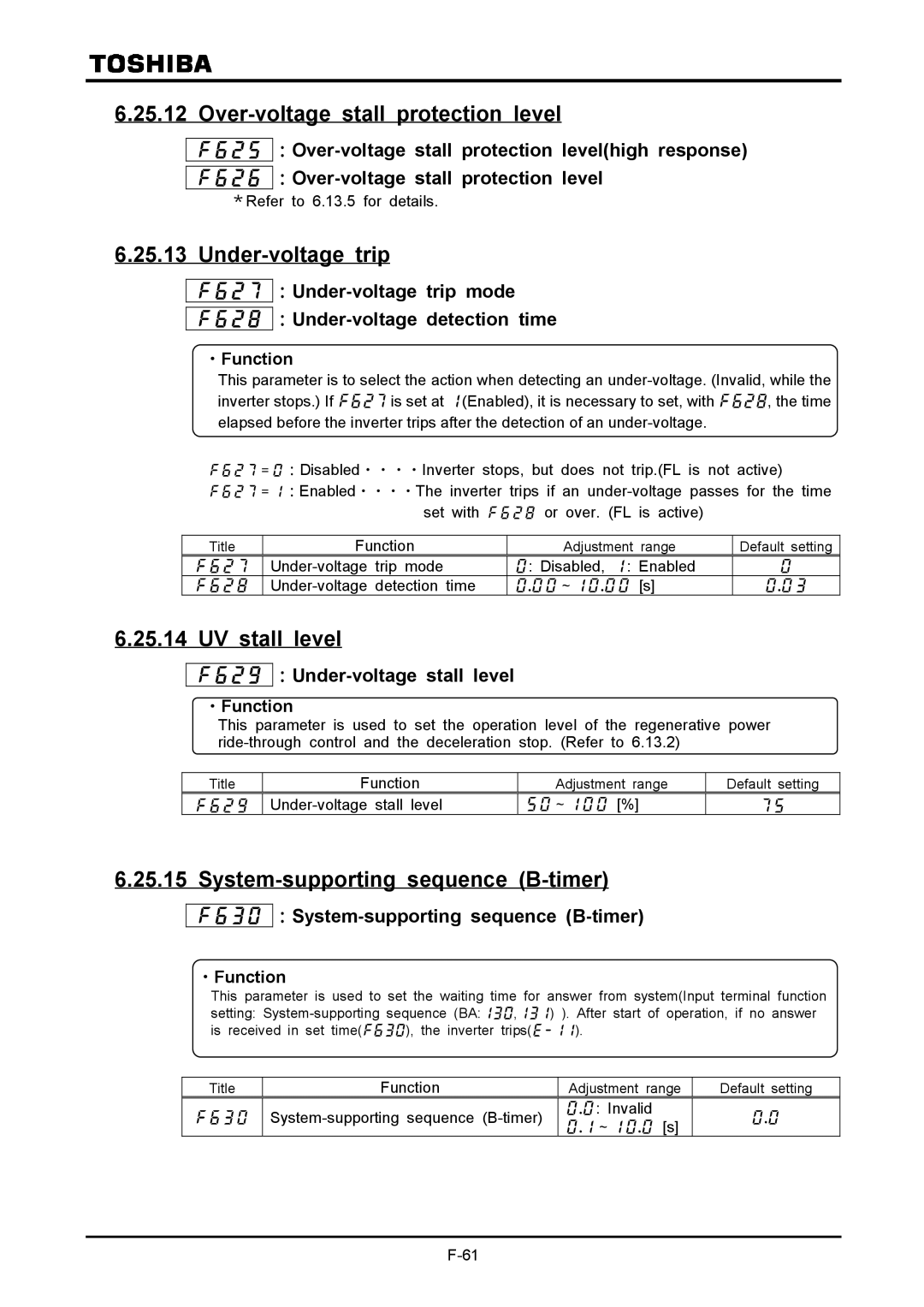 Toshiba VF-A7 Over-voltage stall protection level, Under-voltage trip, UV stall level, System-supporting sequence B-timer 