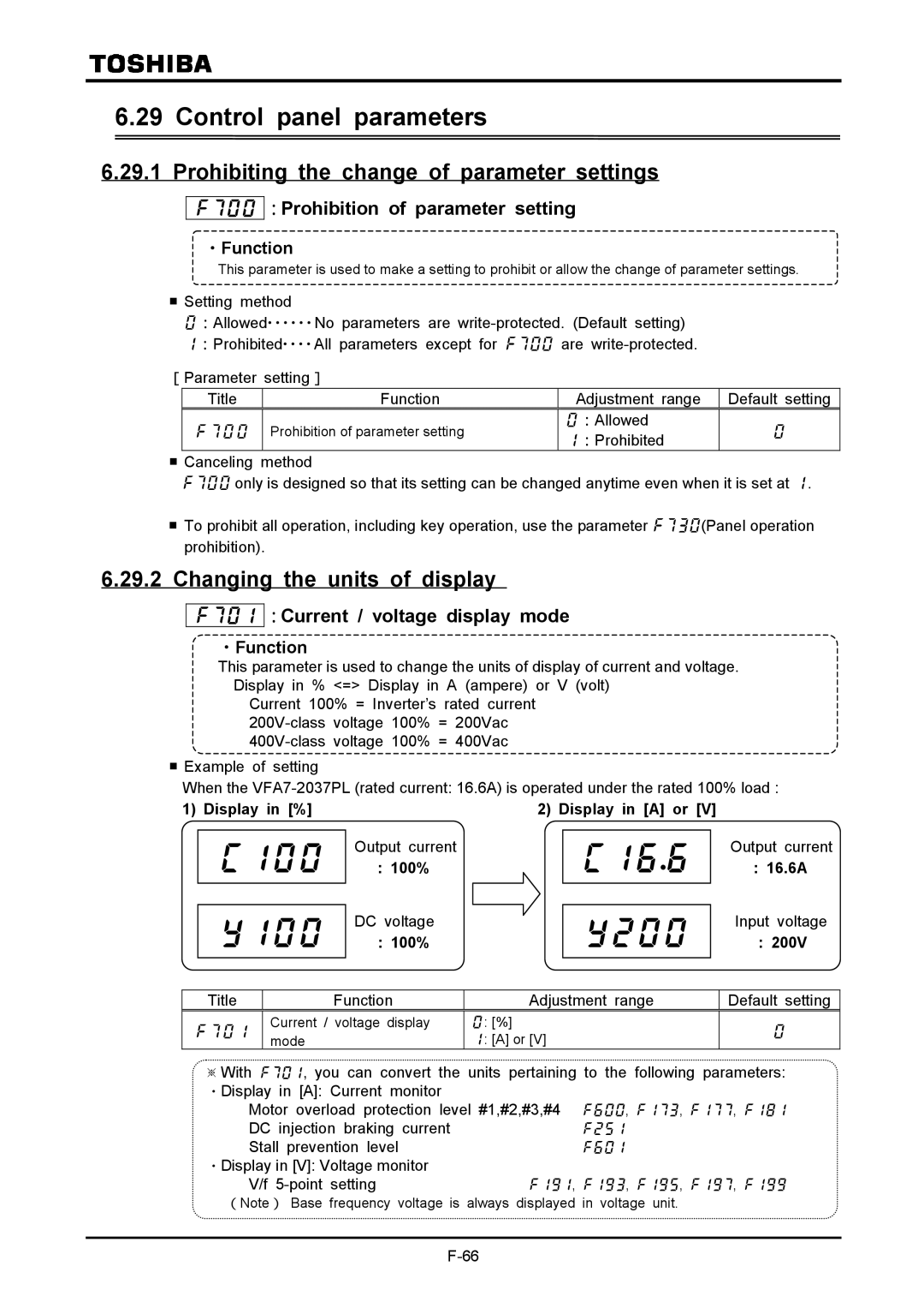 Toshiba VF-A7 Control panel parameters, Prohibiting the change of parameter settings, Changing the units of display 