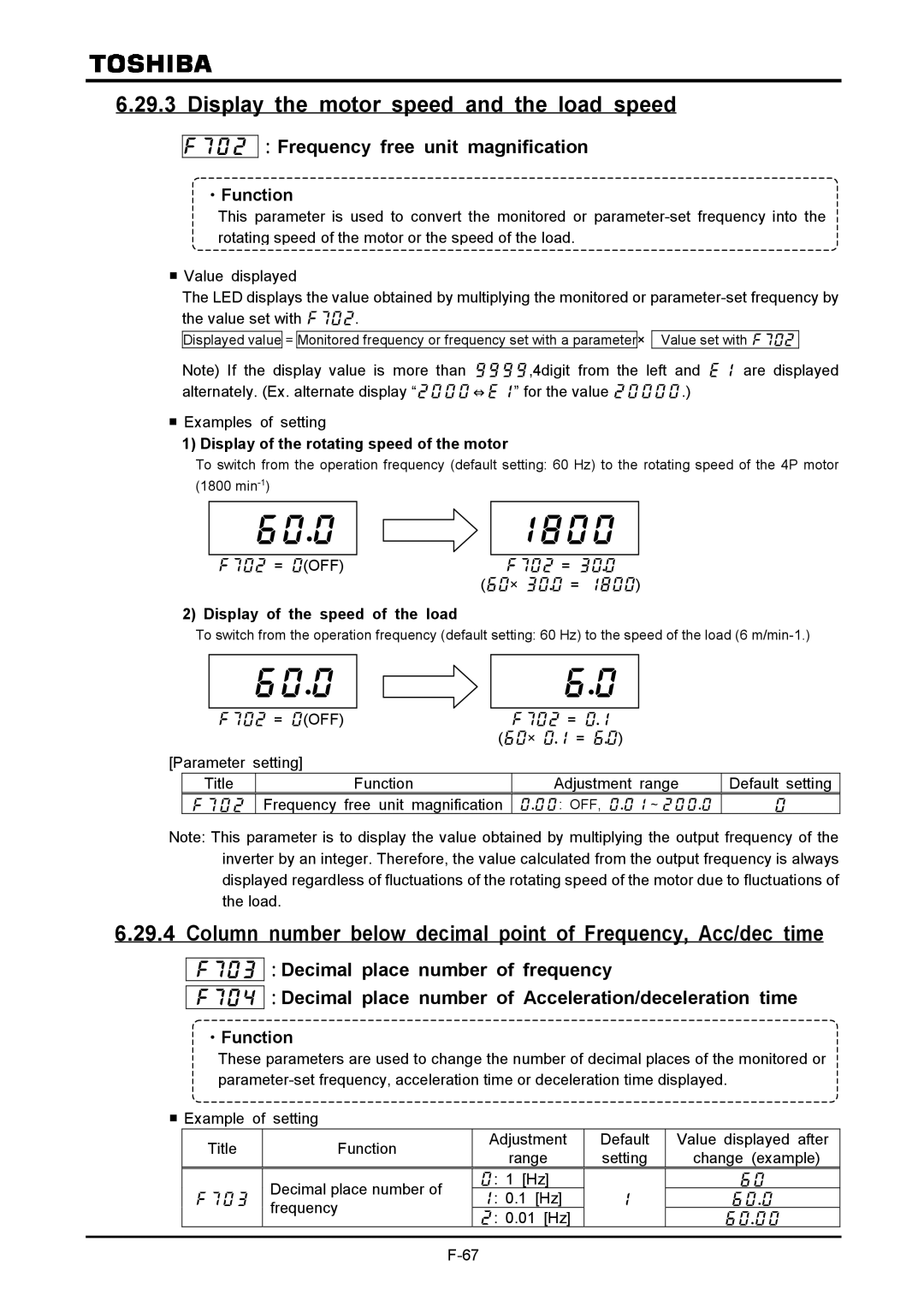 Toshiba VF-A7 instruction manual Display the motor speed and the load speed,  ：Frequency free unit magnification 