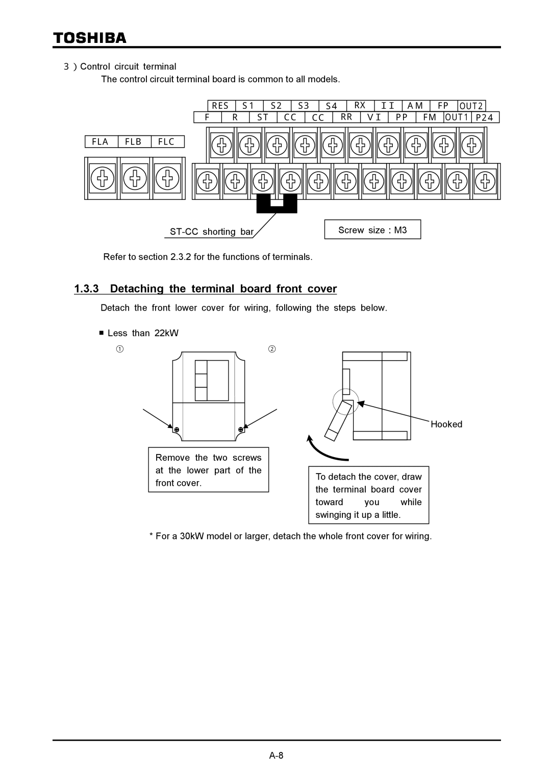 Toshiba VF-A7 instruction manual Detaching the terminal board front cover, P24 