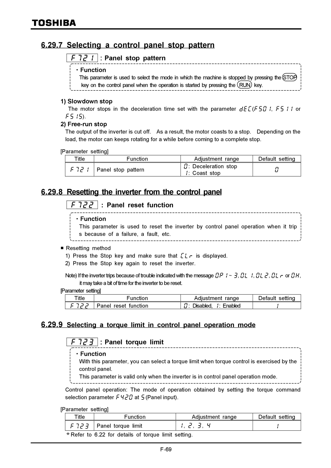 Toshiba VF-A7 instruction manual Selecting a control panel stop pattern, Resetting the inverter from the control panel 