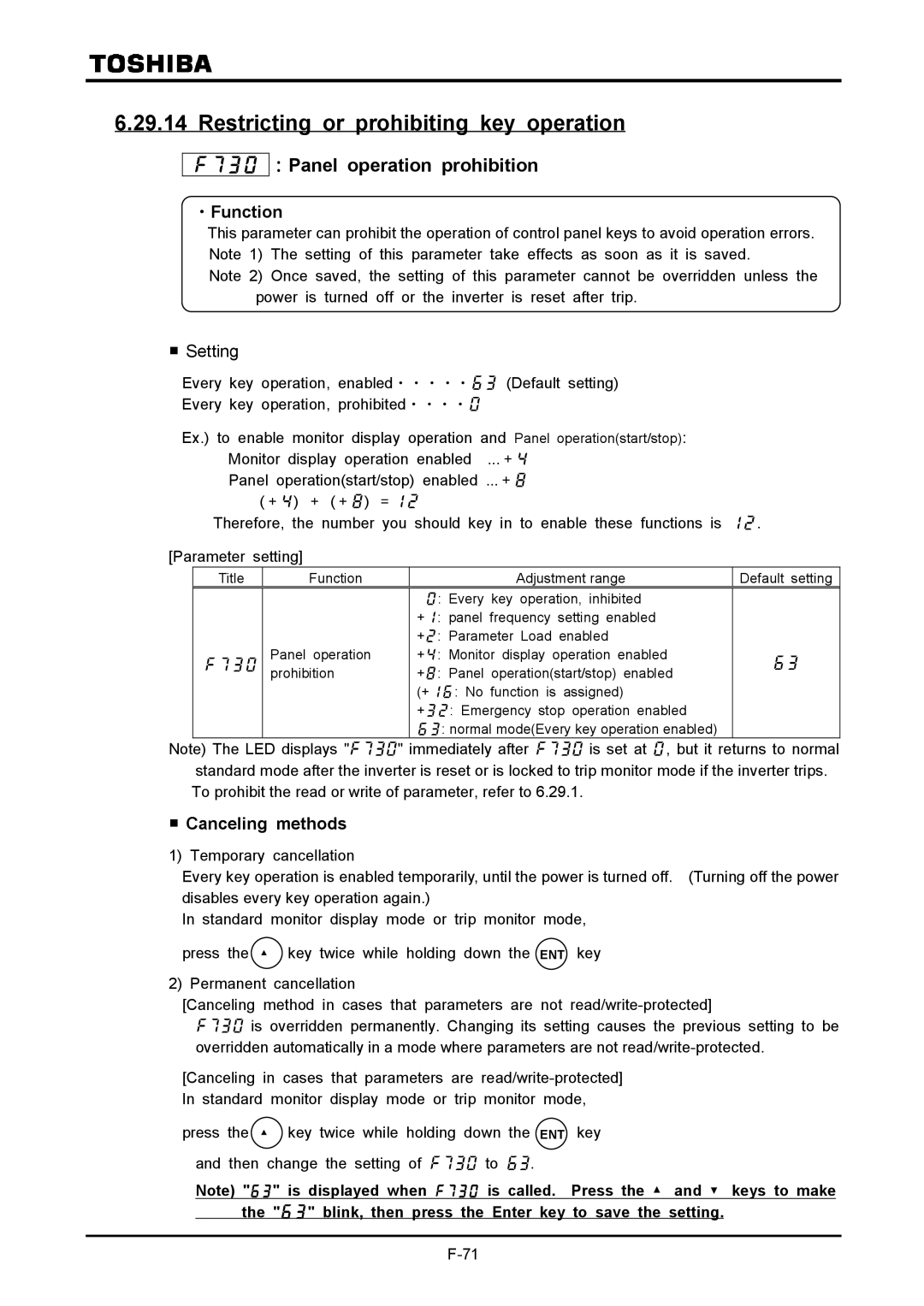 Toshiba VF-A7 Restricting or prohibiting key operation,  ：Panel operation prohibition, Setting, Canceling methods 