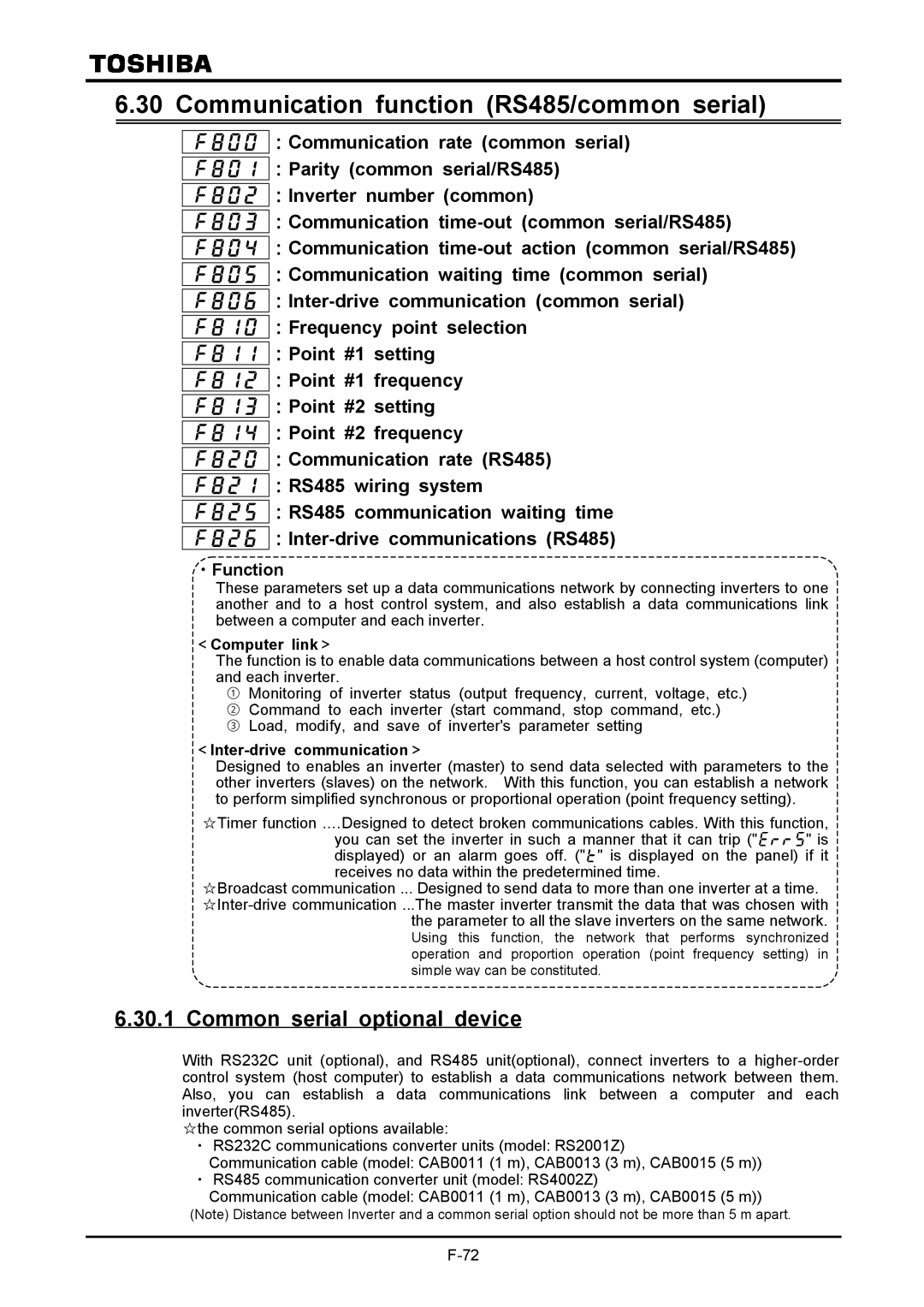 Toshiba VF-A7 instruction manual Communication function RS485/common serial, Common serial optional device, ＜Computer link＞ 