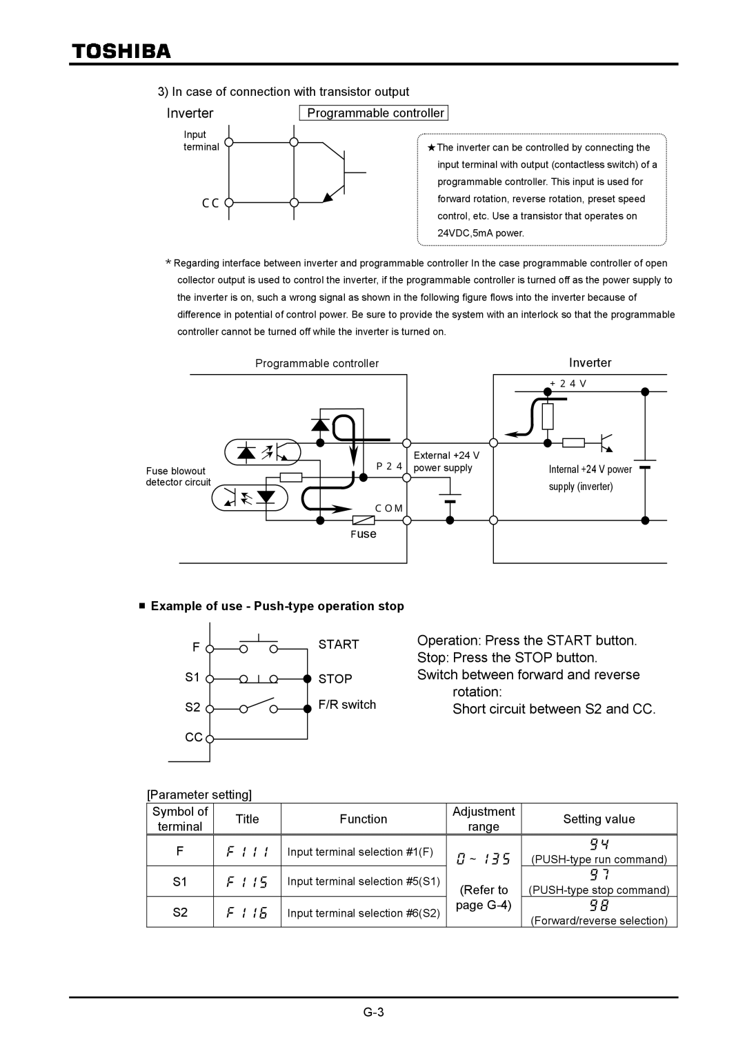 Toshiba VF-A7 instruction manual Inverter, Example of use Push-type operation stop 