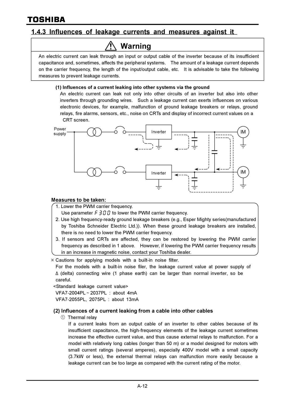 Toshiba VF-A7 Influences of leakage currents and measures against it, Measures to be taken, Power supply Inverter 