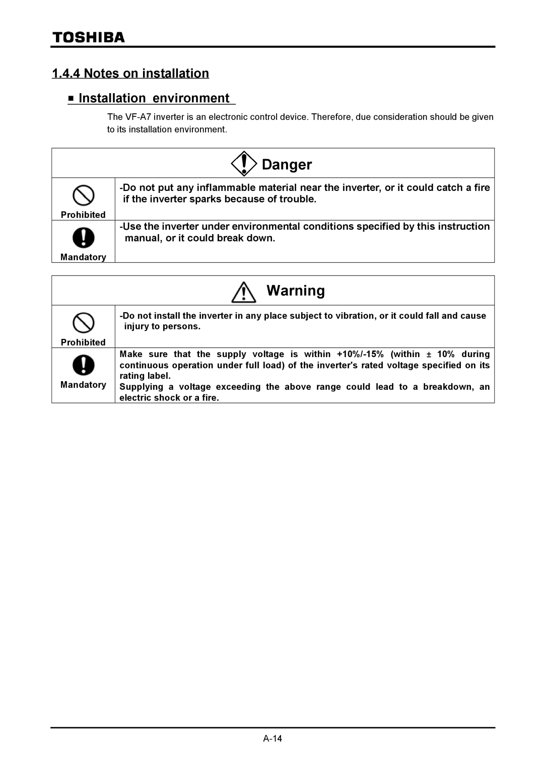 Toshiba VF-A7 instruction manual Installation environment, Prohibited 