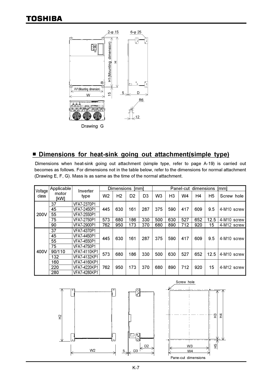 Toshiba VF-A7 instruction manual Dimensions for heat-sink going out attachmentsimple type 