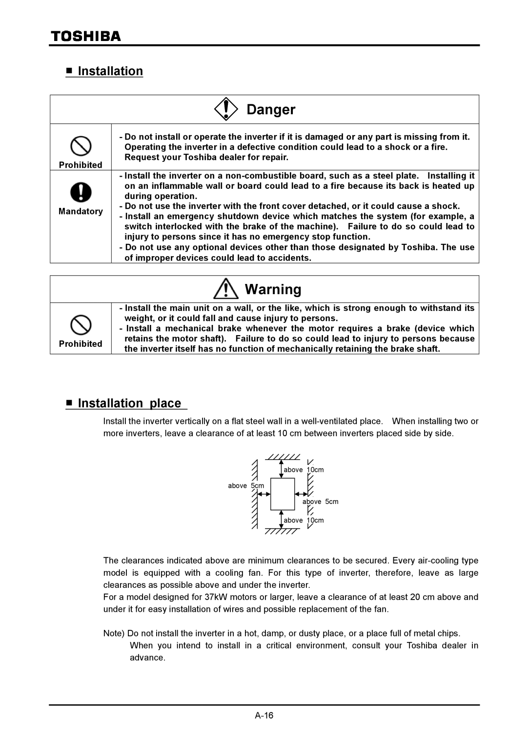 Toshiba VF-A7 instruction manual Installation place 