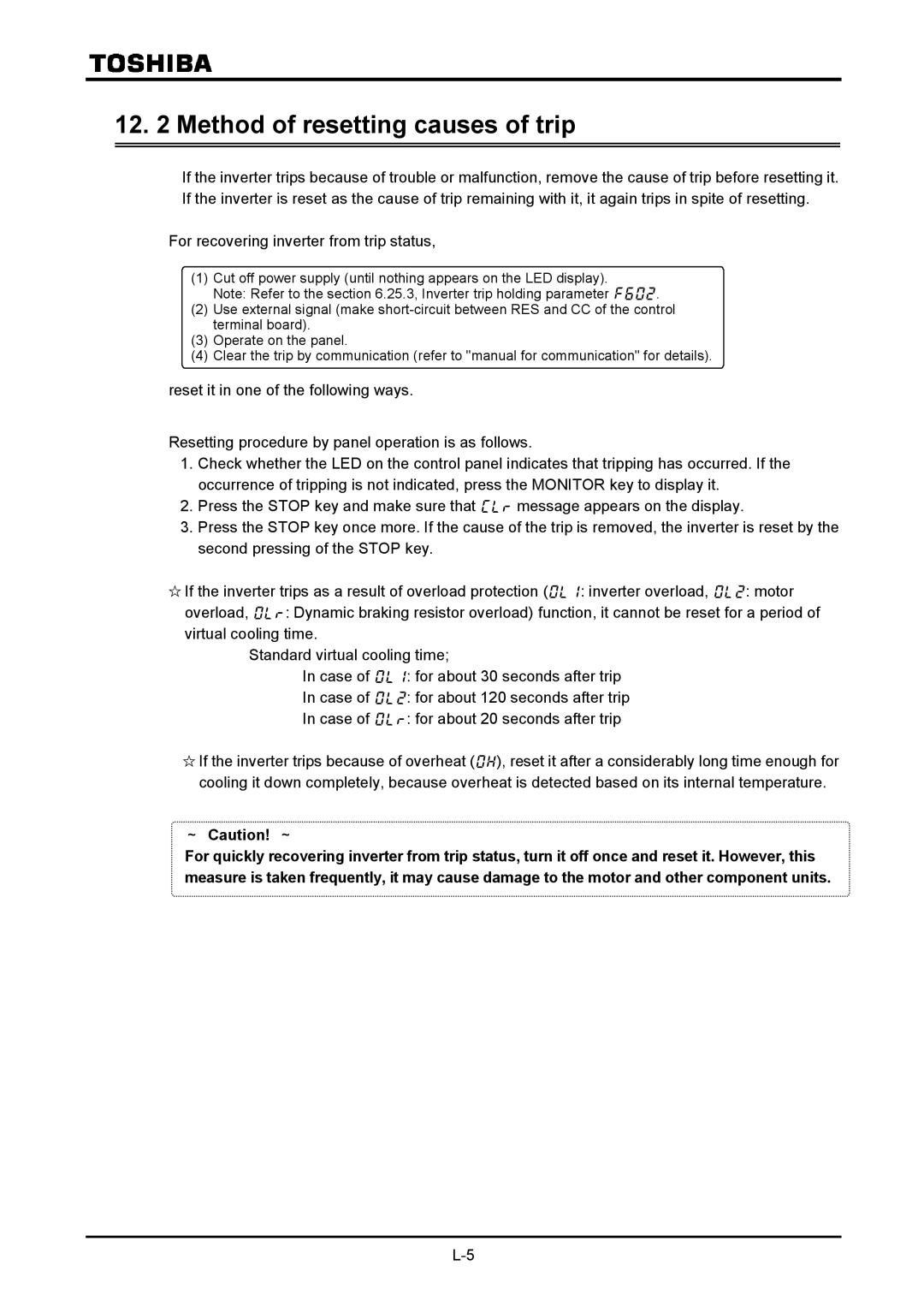 Toshiba VF-A7 instruction manual Method of resetting causes of trip, ～ Caution! ～ 