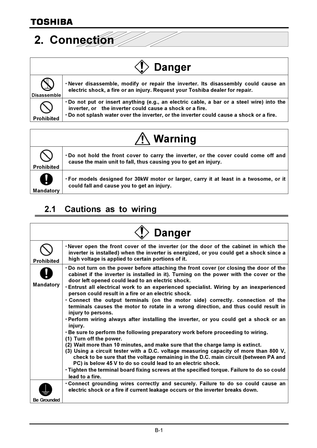 Toshiba VF-A7 instruction manual Connection, Inverter, or the inverter could cause a shock or a fire 