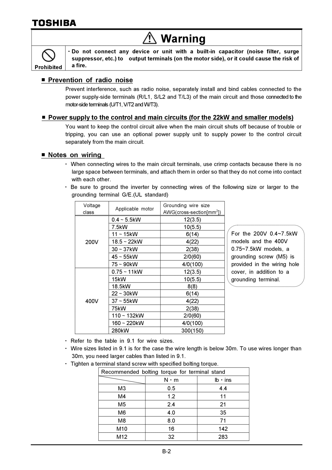 Toshiba VF-A7 instruction manual Prevention of radio noise 