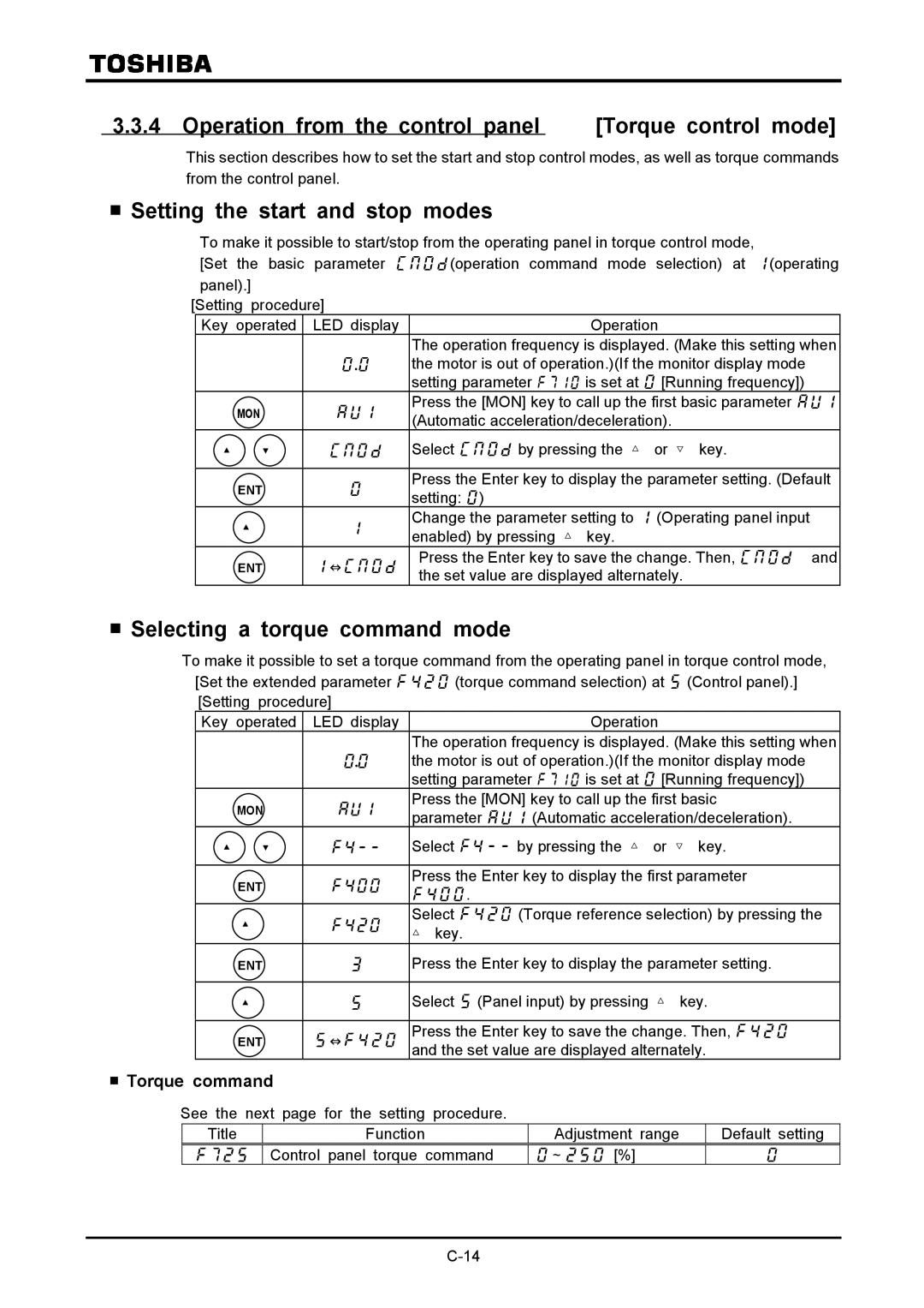 Toshiba VF-A7 Operation from the control panel, Setting the start and stop modes, Selecting a torque command mode 