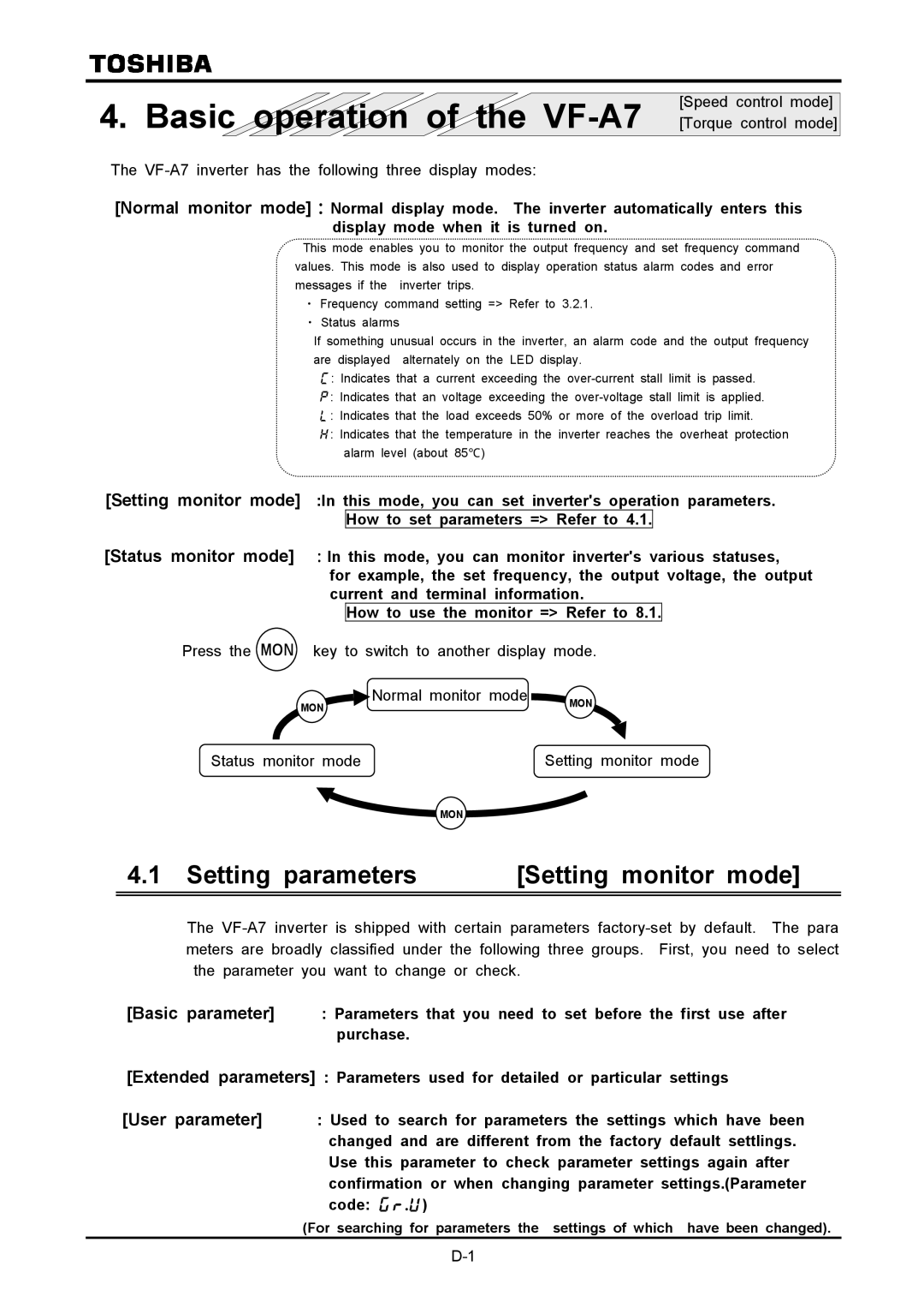 Toshiba VF-A7 instruction manual Setting parameters Setting monitor mode, Speed control mode, Torque control mode 