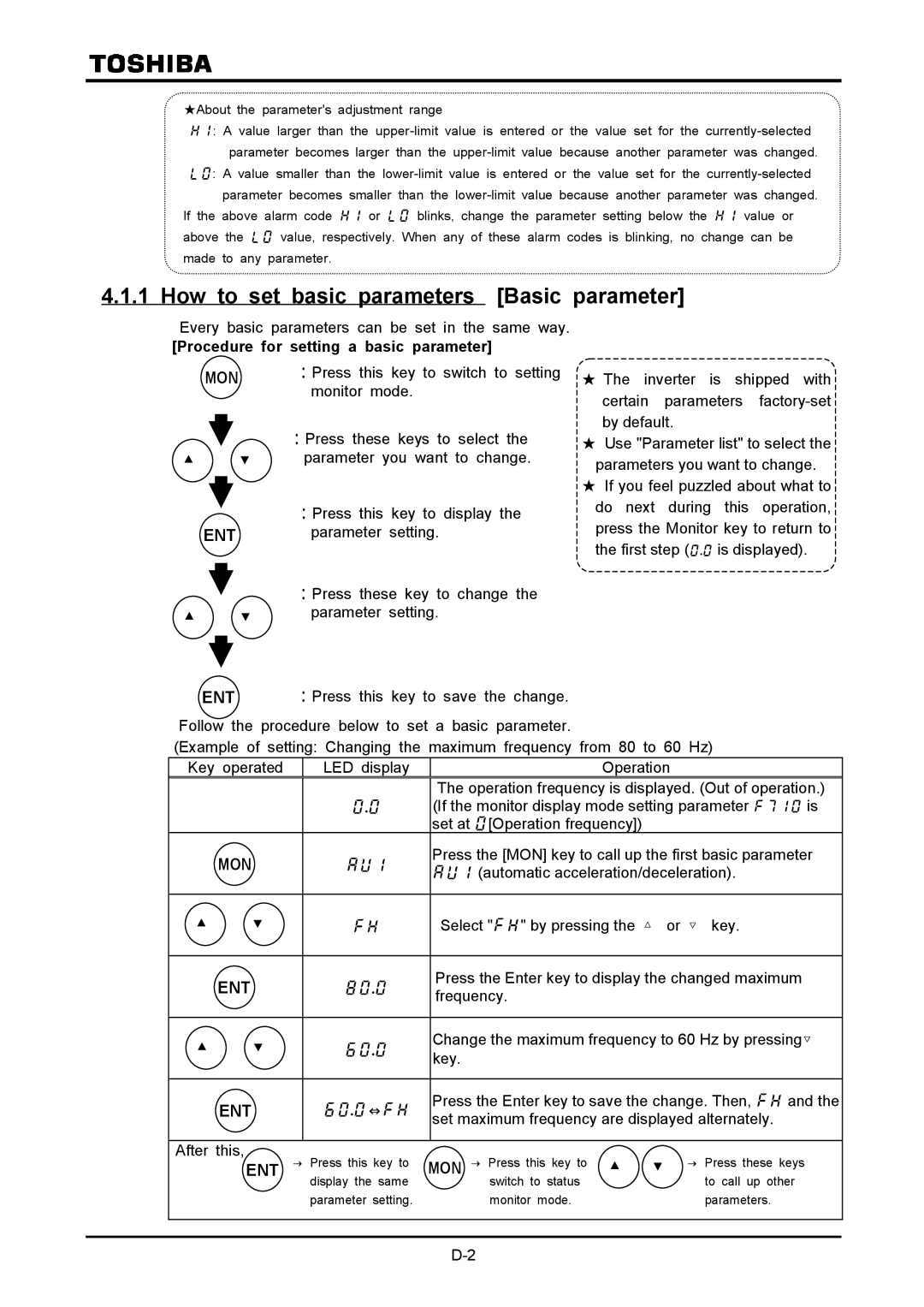 Toshiba VF-A7 instruction manual How to set basic parameters Basic parameter, Procedure for setting a basic parameter 