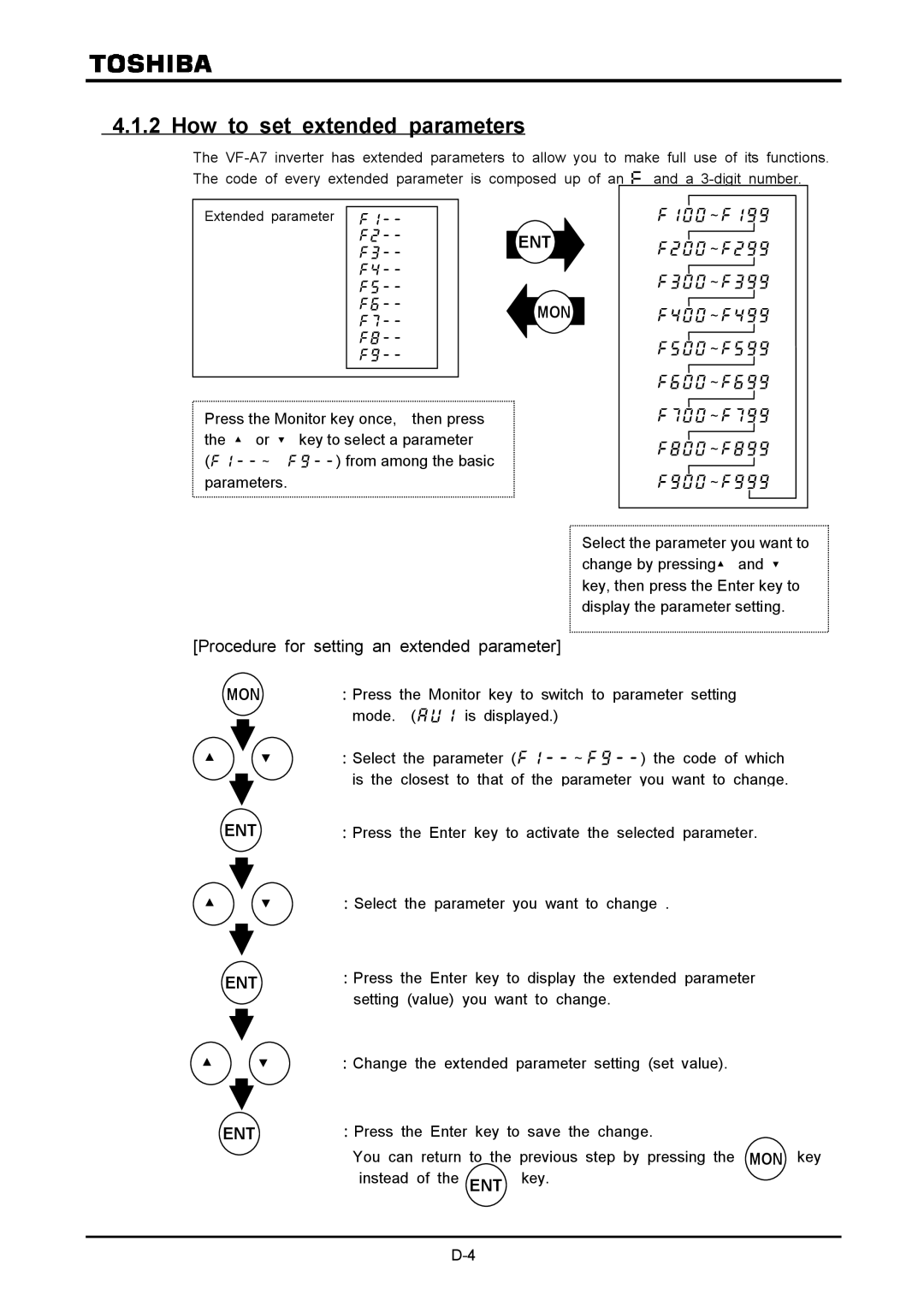 Toshiba VF-A7 instruction manual How to set extended parameters, Procedure for setting an extended parameter 