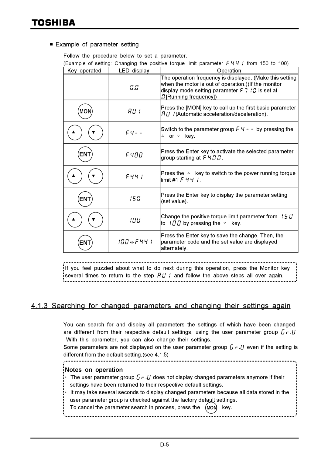 Toshiba VF-A7 Example of parameter setting, When the motor is out of operation.If the monitor, Running frequency 