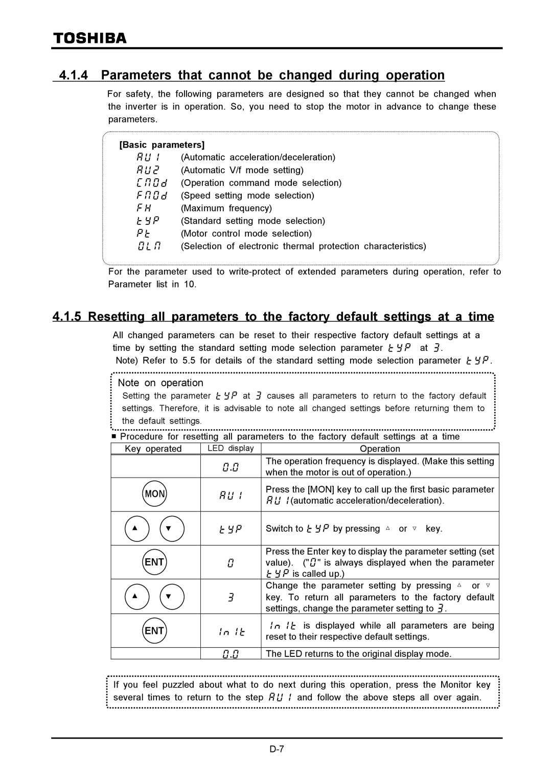 Toshiba VF-A7 instruction manual Parameters that cannot be changed during operation, Basic parameters 