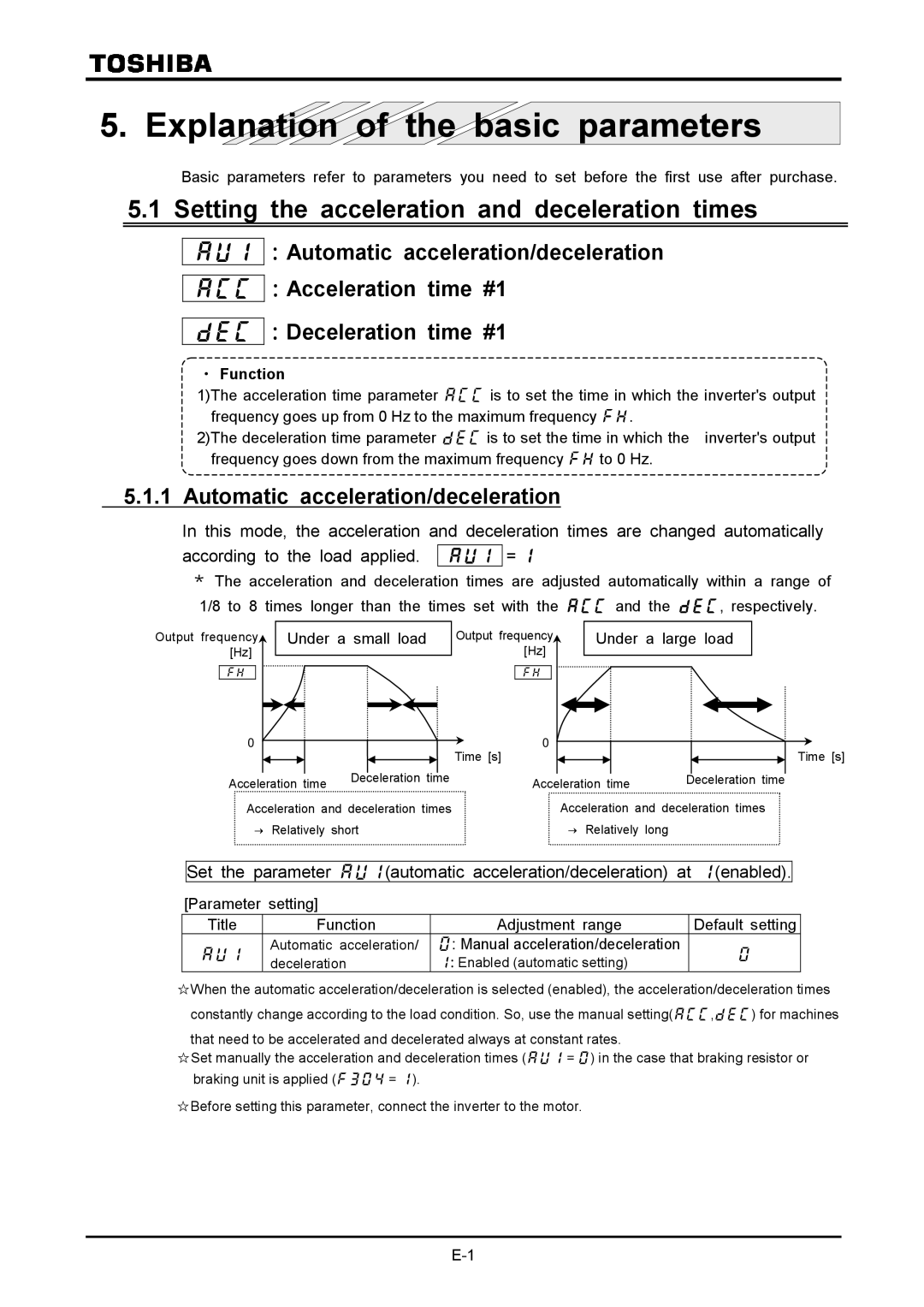 Toshiba VF-A7 Setting the acceleration and deceleration times, Automatic acceleration/deceleration,  ＝, ･ Function 