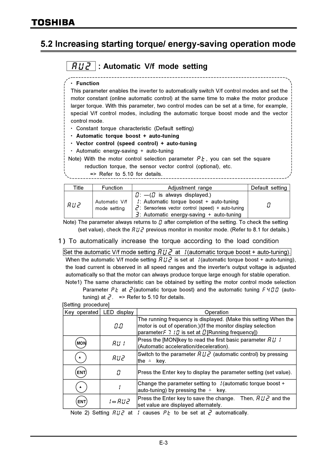 Toshiba VF-A7 instruction manual Increasing starting torque/ energy-saving operation mode,  ：Automatic V/f mode setting 