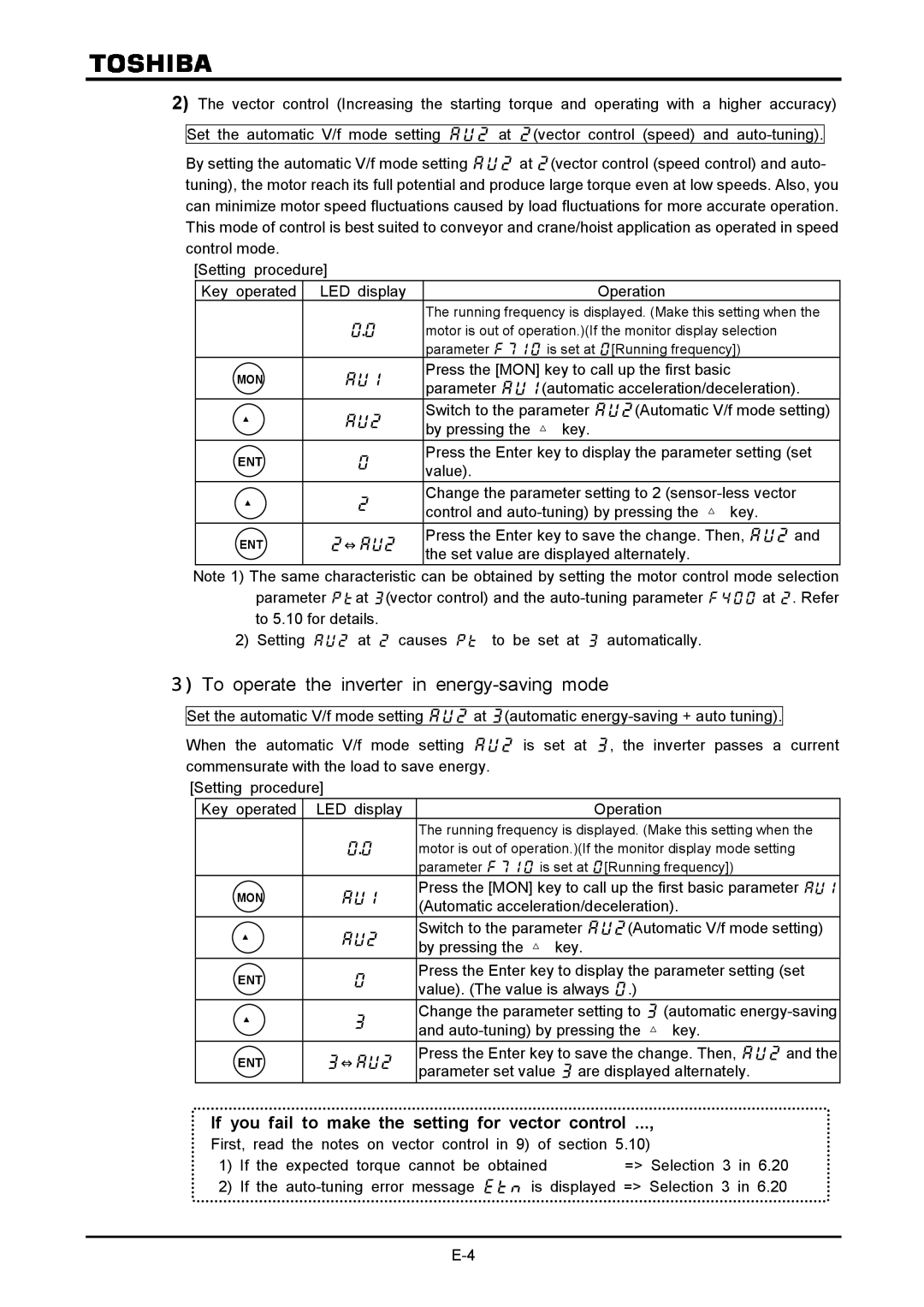 Toshiba VF-A7 instruction manual If you fail to make the setting for vector control 