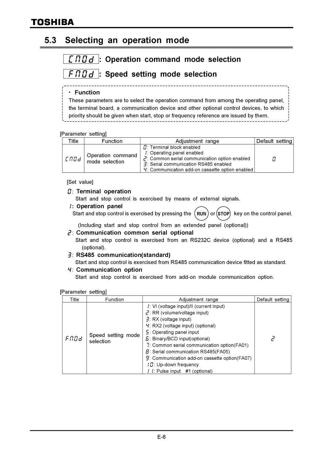 Toshiba VF-A7 instruction manual Selecting an operation mode 