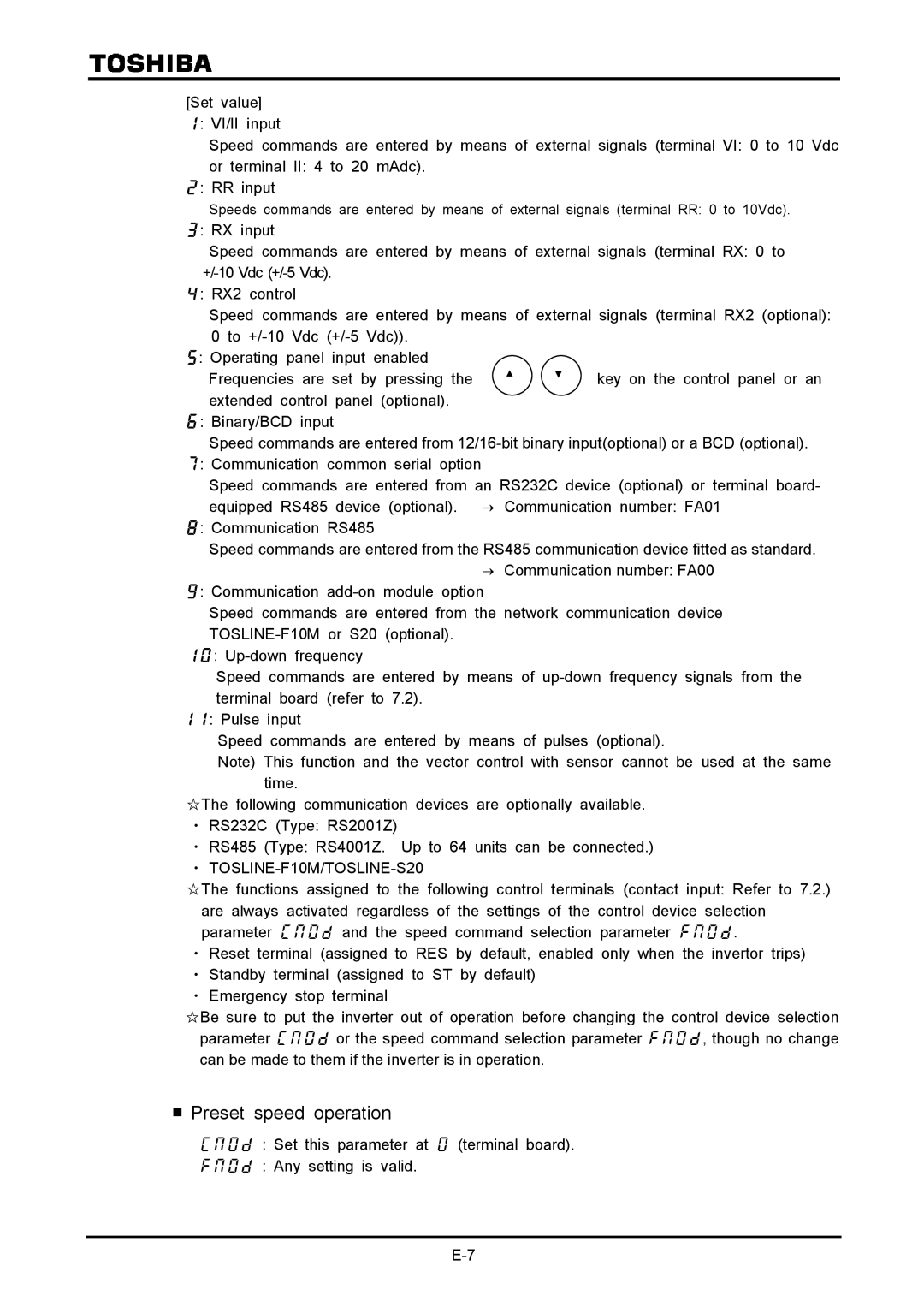 Toshiba VF-A7 instruction manual Preset speed operation 