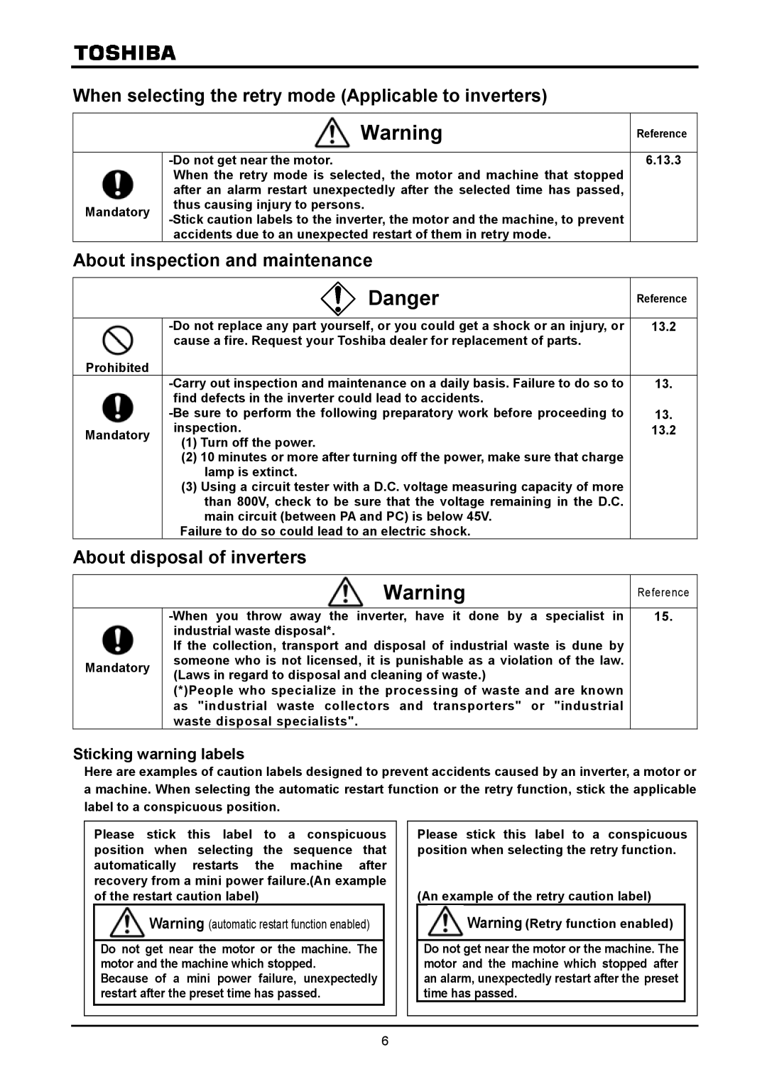 Toshiba VF-A7 instruction manual When selecting the retry mode Applicable to inverters, About inspection and maintenance 