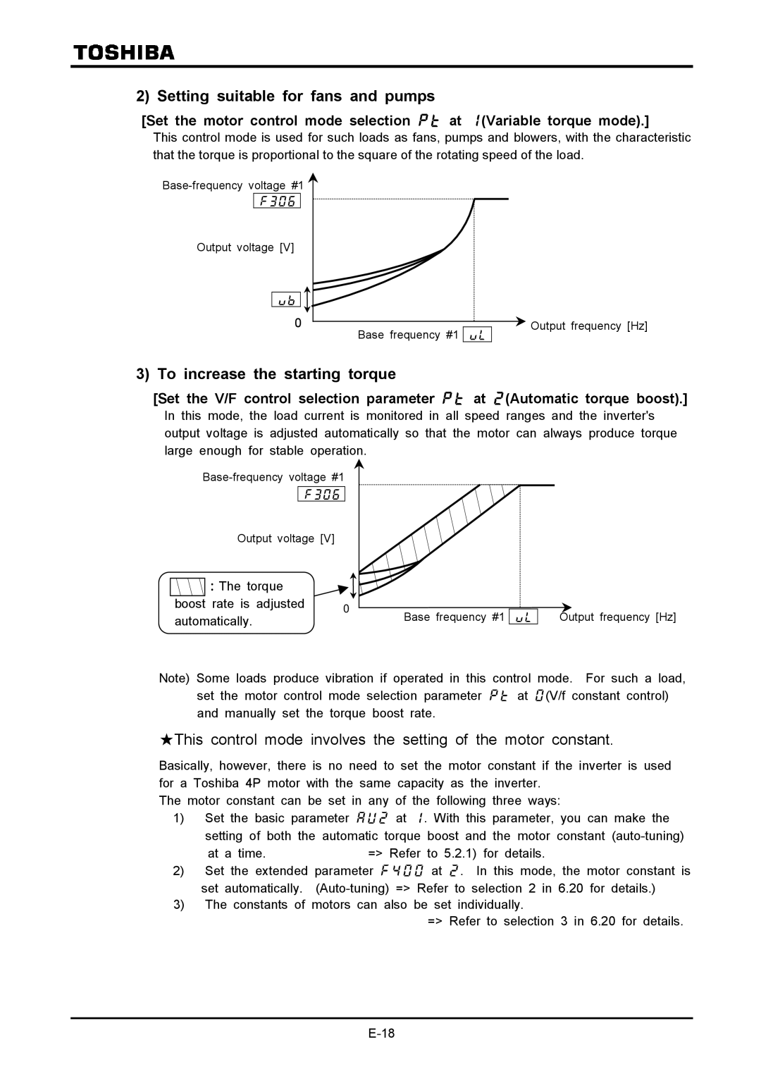 Toshiba VF-A7 Setting suitable for fans and pumps, To increase the starting torque, ：The torque Boost rate is adjusted 