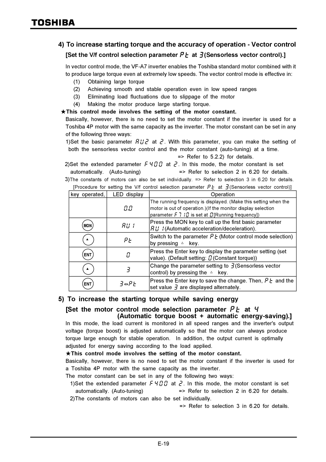 Toshiba VF-A7 Value. Default setting Constant torque, Change the parameter setting to Sensorless vector 