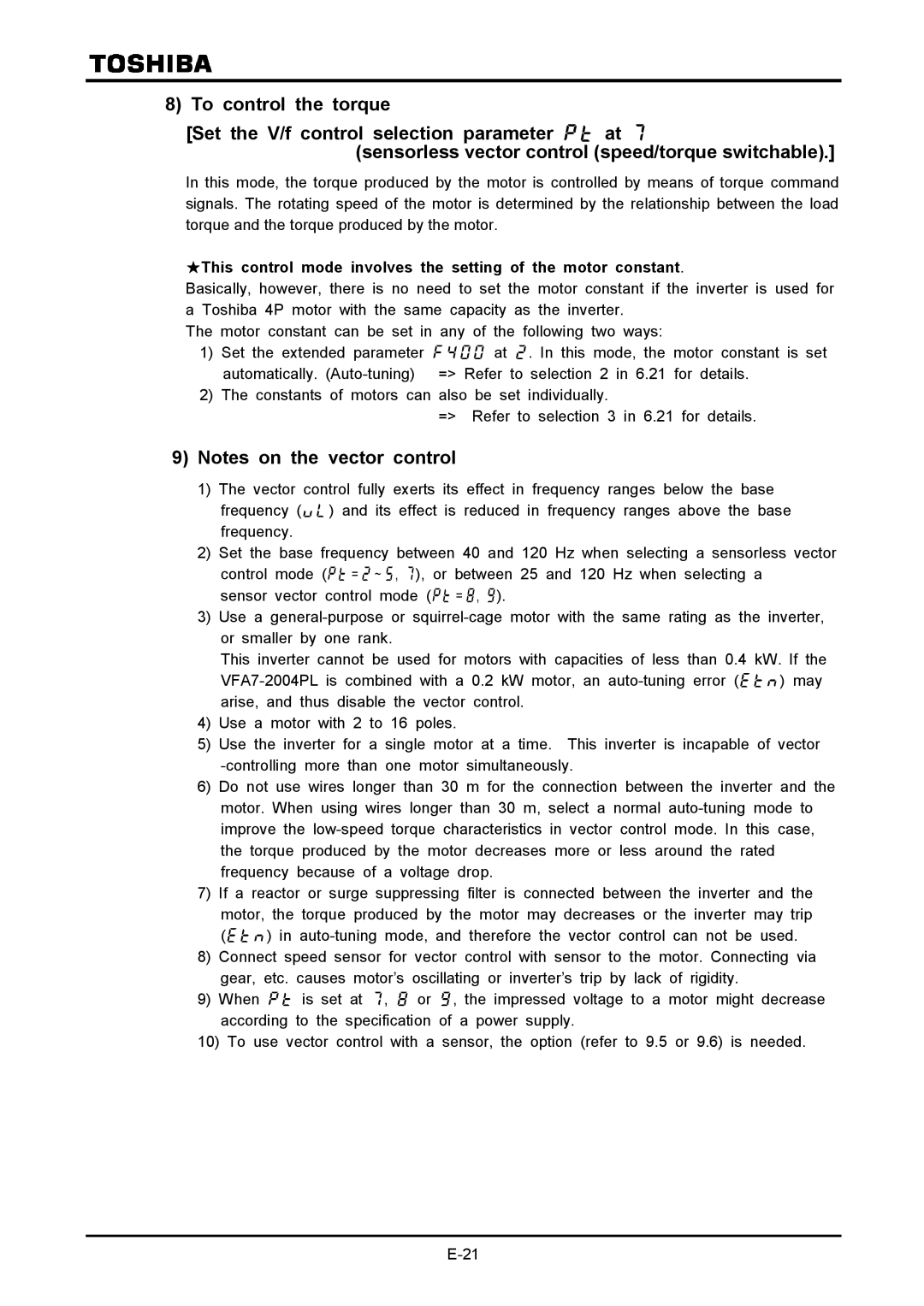 Toshiba VF-A7 instruction manual This control mode involves the setting of the motor constant 