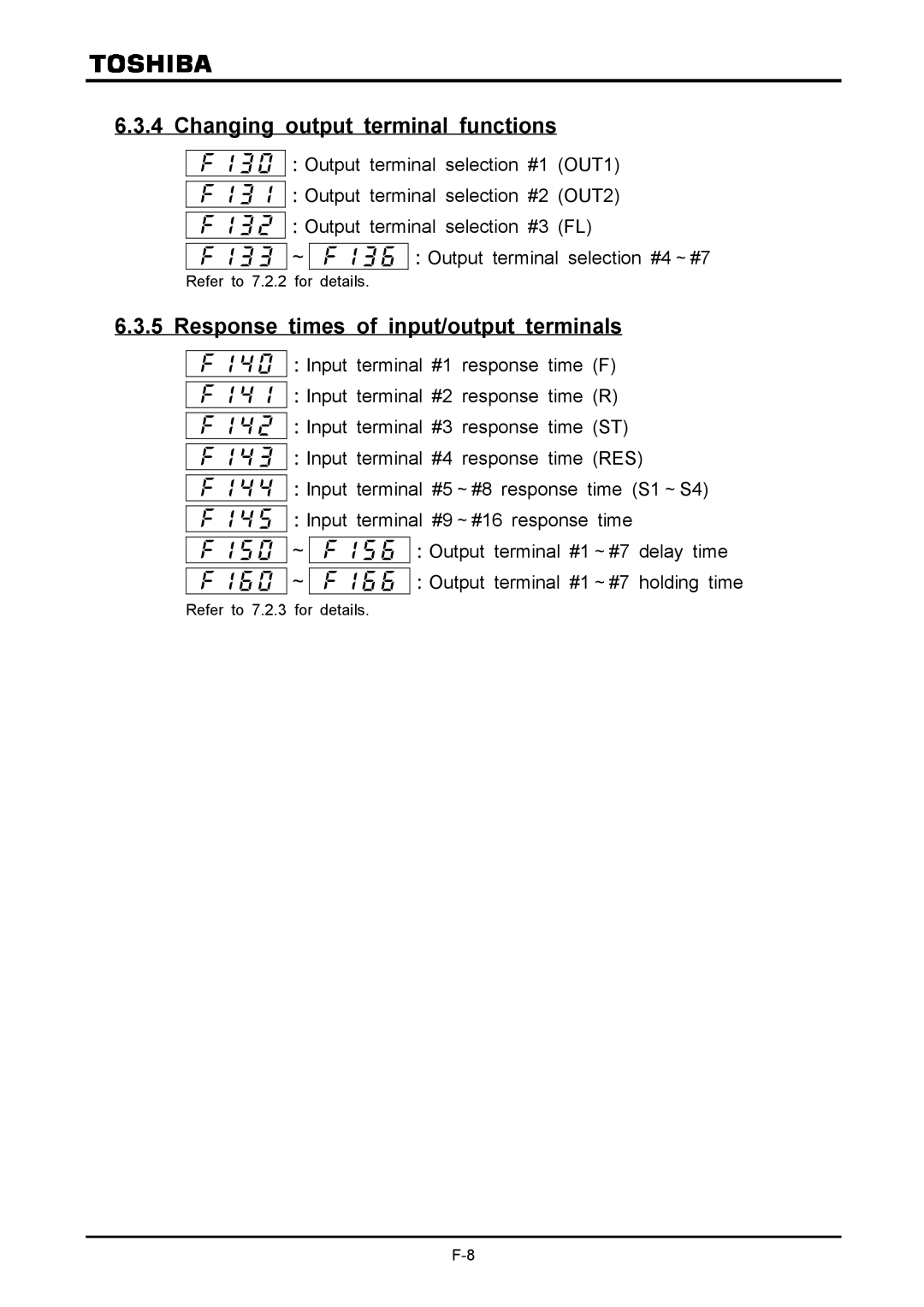 Toshiba VF-A7 Changing output terminal functions, Response times of input/output terminals, Refer to 7.2.2 for details 