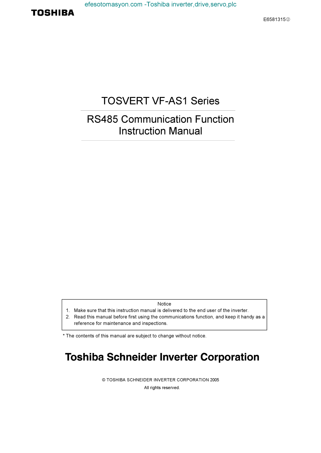 Toshiba TOSVERT VF-AS1 instruction manual Tosvert VF-AS1 Series RS485 Communication Function, E6581315② 