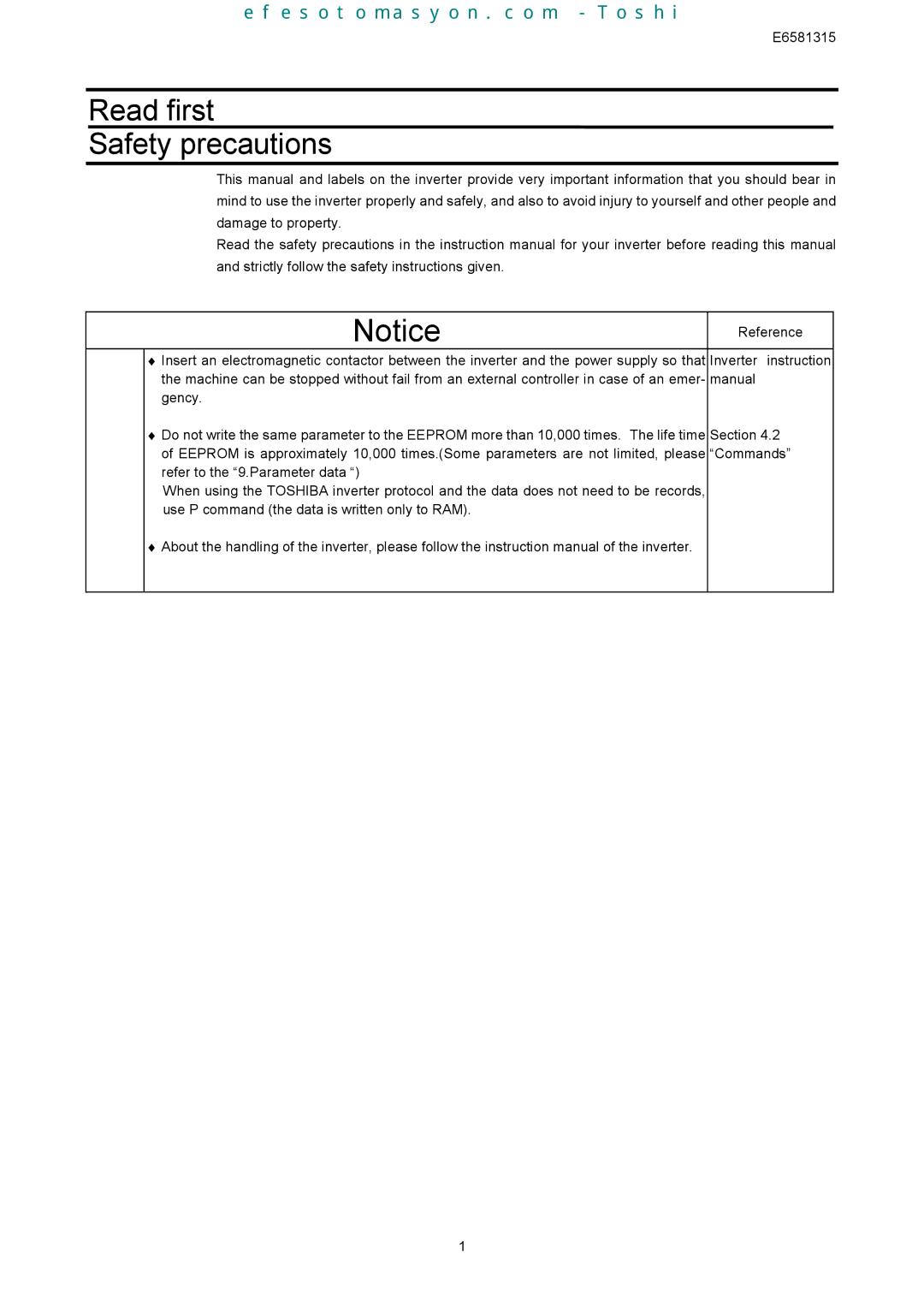 Toshiba TOSVERT VF-AS1 instruction manual Read first Safety precautions, E6581315 