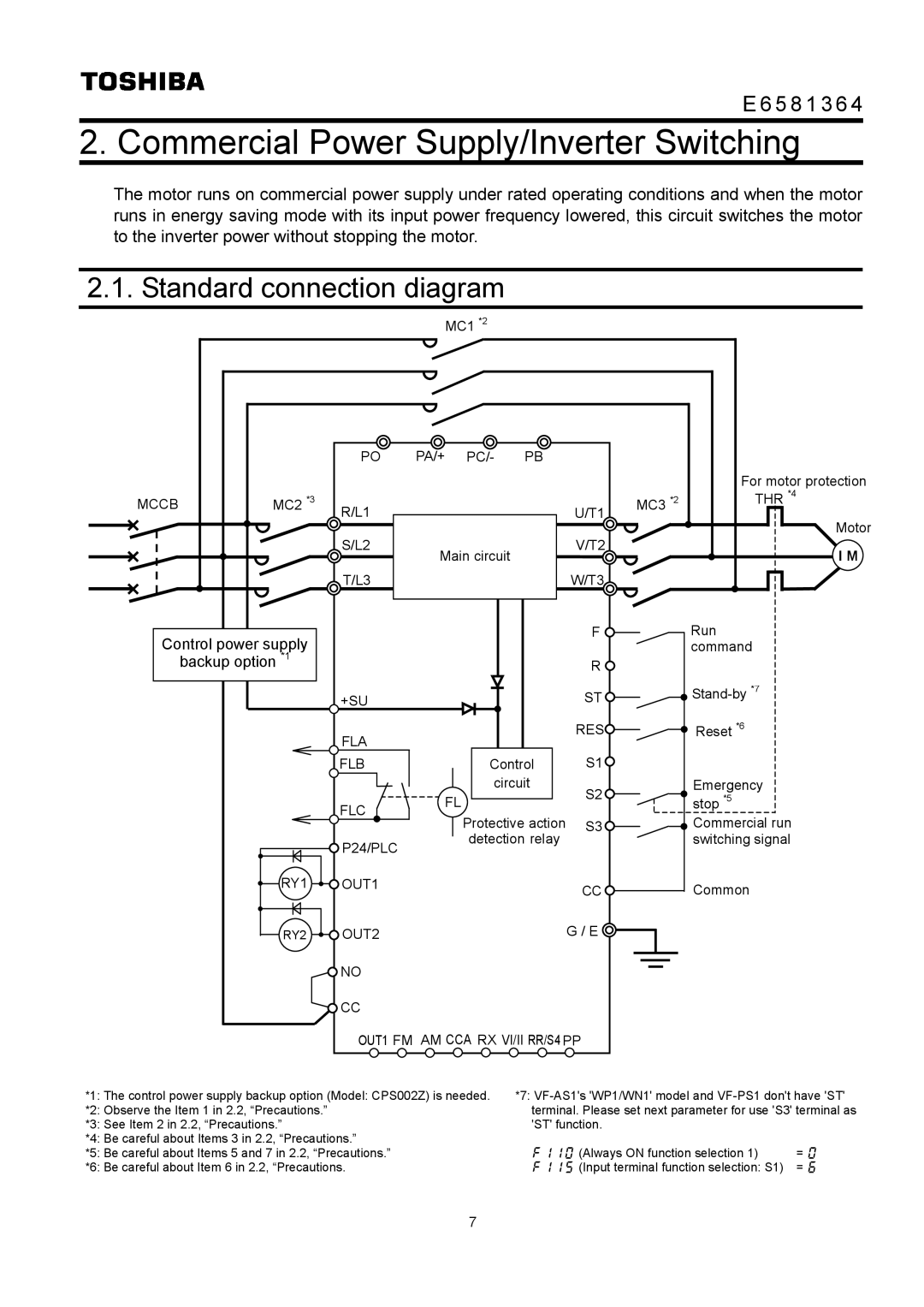 Toshiba VF-AS1, VF-PS1 instruction manual Commercial Power Supply/Inverter Switching, Standard connection diagram 