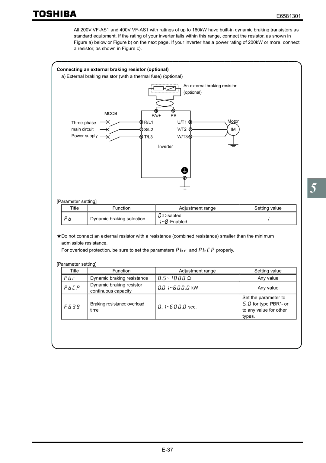 Toshiba VF-AS1 Connecting an external braking resistor optional, External braking resistor with a thermal fuse optional 