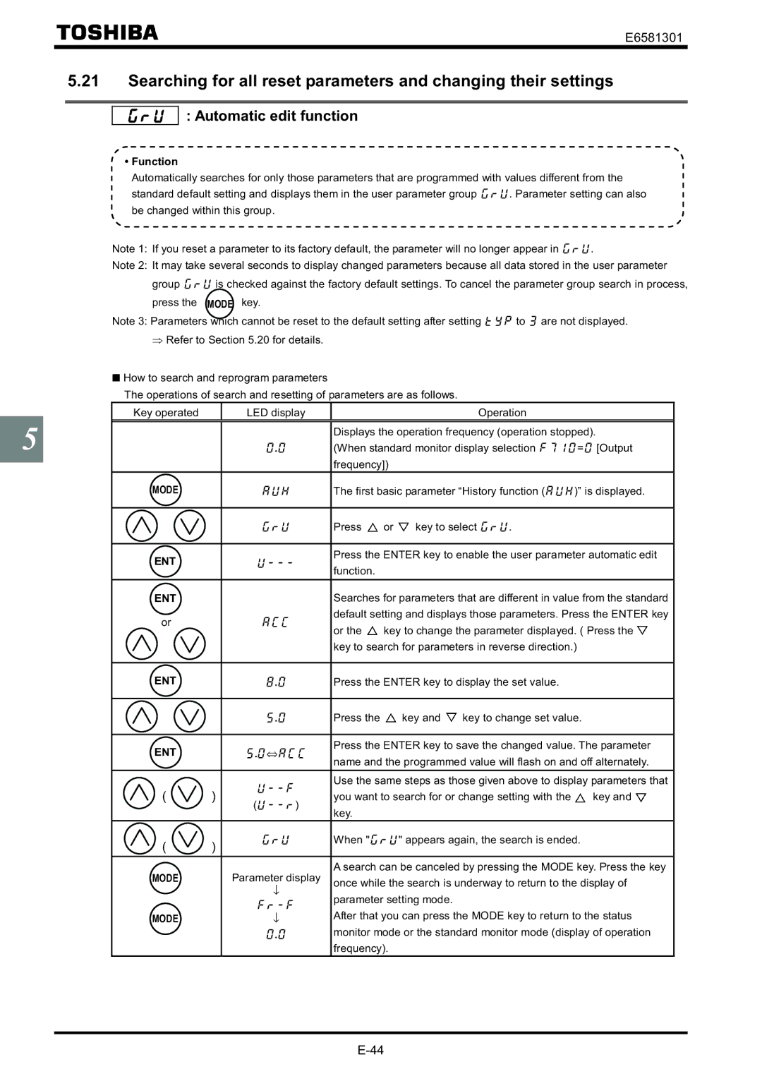 Toshiba VF-AS1 Automatic edit function, Press Key to select, Key to change the parameter displayed. Press 