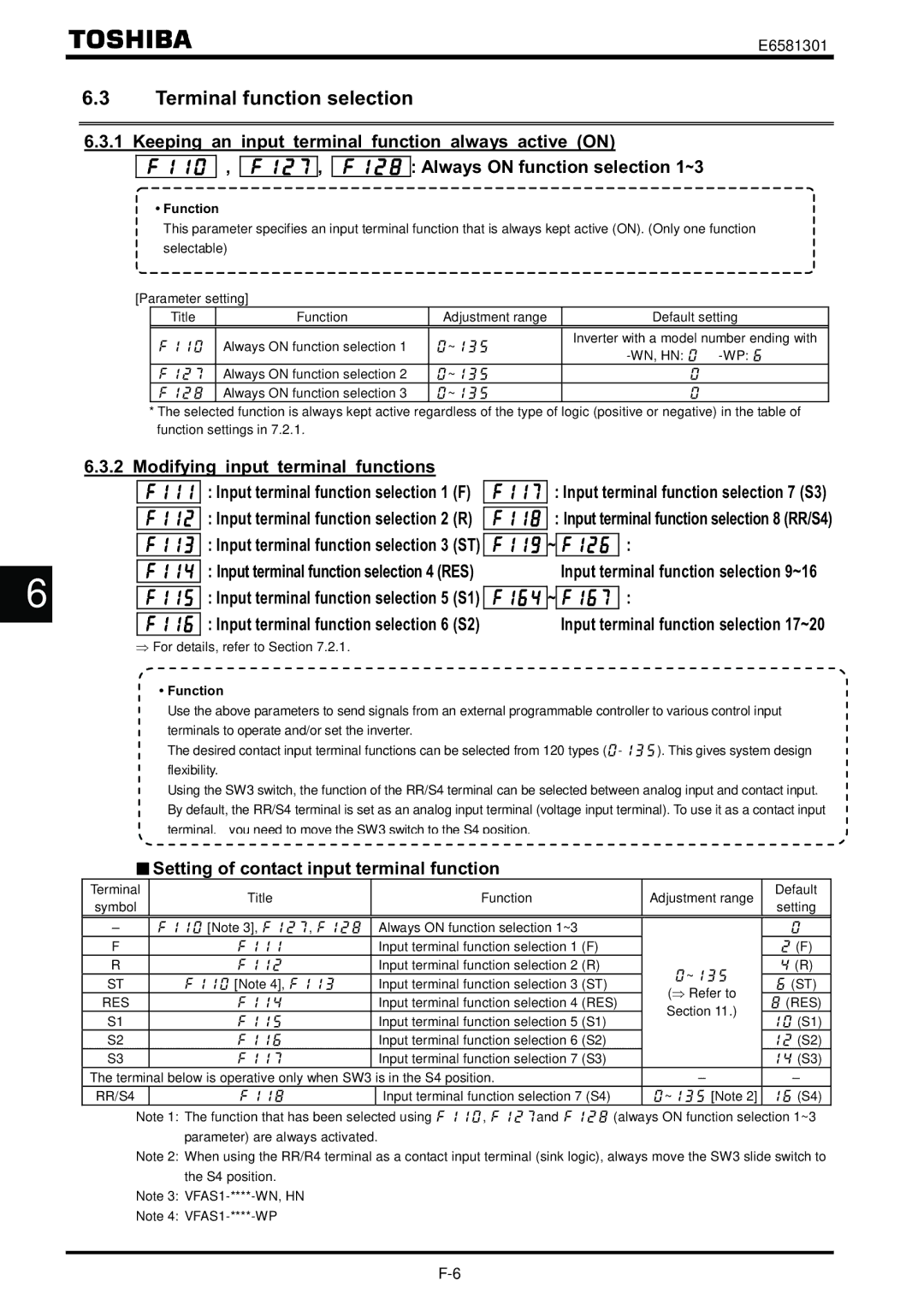 Toshiba VF-AS1 Terminal function selection, Modifying input terminal functions, Setting of contact input terminal function 