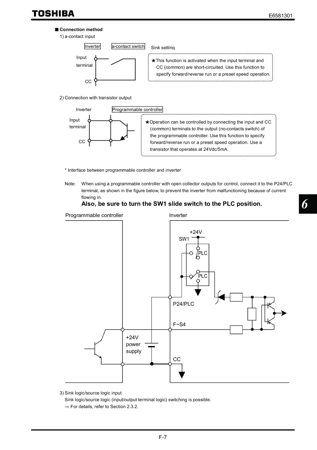 Toshiba VF-AS1 instruction manual Plc, Connection method 1 a-contact input 