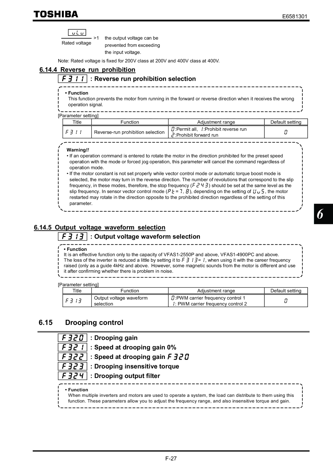 Toshiba VF-AS1 instruction manual Drooping control, Reverse run prohibition Reverse run prohibition selection 