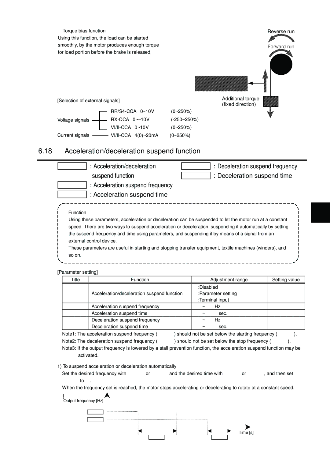 Toshiba VF-AS1 instruction manual Acceleration/deceleration suspend function, Reverse run Forward run 