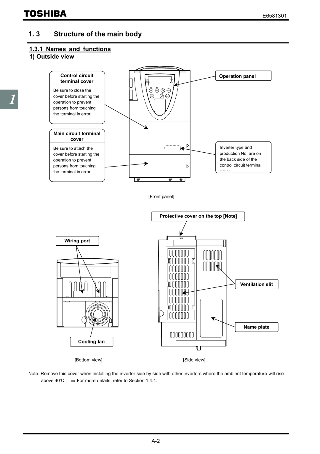 Toshiba VF-AS1 instruction manual Structure of the main body, Names and functions 1 Outside view 