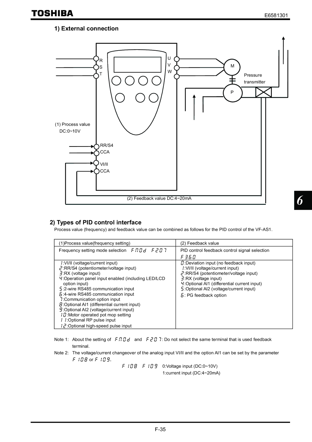 Toshiba VF-AS1 External connection, Types of PID control interface, Process value DC0~10V RR/S4, Cca Vi/Ii 