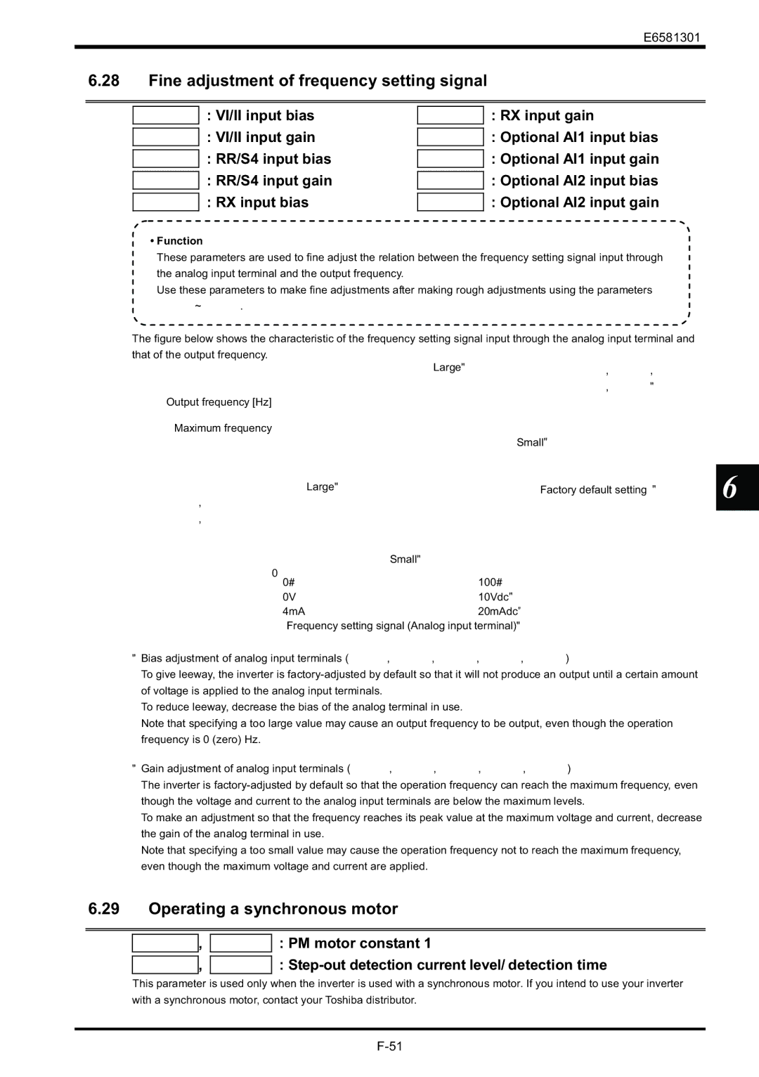 Toshiba VF-AS1 instruction manual Fine adjustment of frequency setting signal, Operating a synchronous motor 