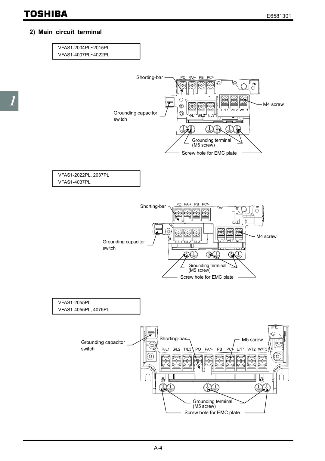 Toshiba VF-AS1 instruction manual Main circuit terminal, Switch Grounding terminal M5 screw Screw hole for EMC plate 