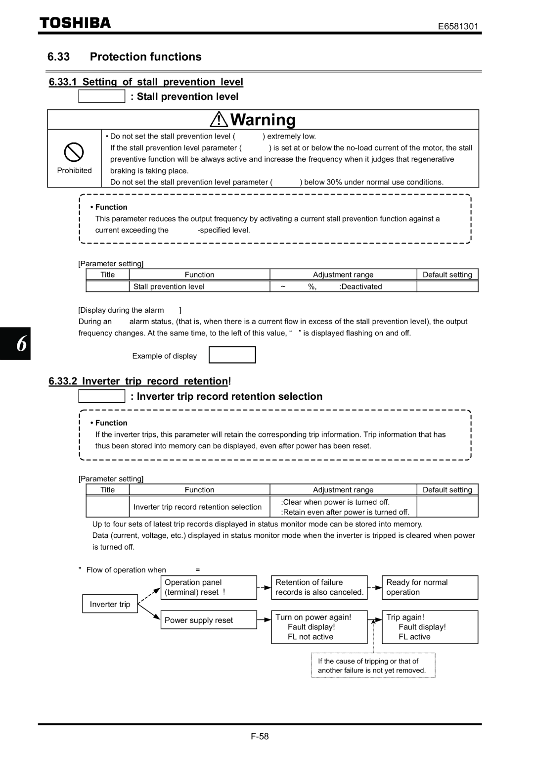 Toshiba VF-AS1 instruction manual Protection functions, Setting of stall prevention level Stall prevention level 