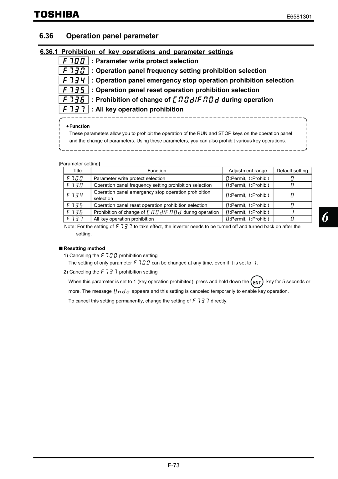 Toshiba VF-AS1 instruction manual Operation panel parameter, Resetting method 