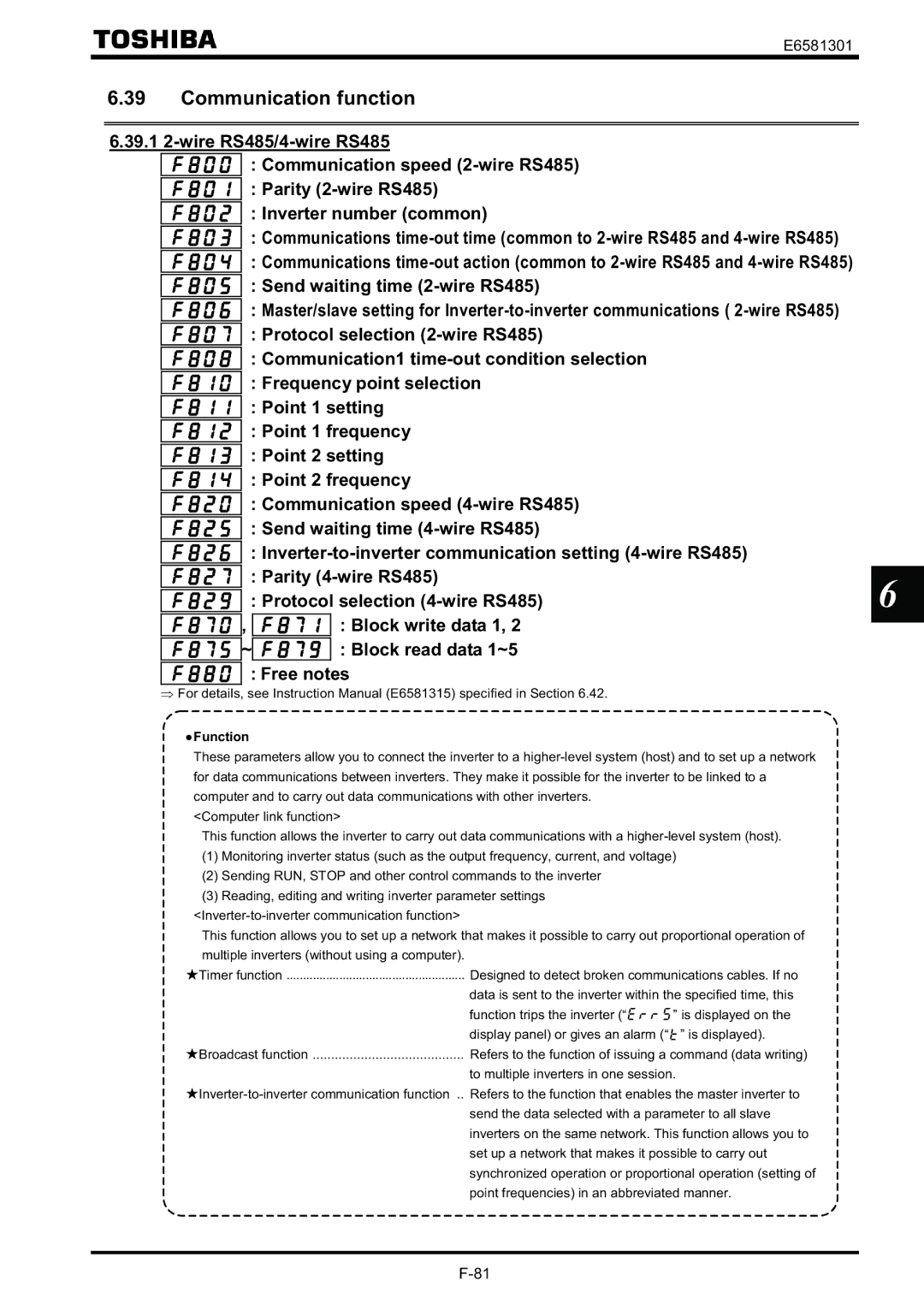 Toshiba VF-AS1 instruction manual Communication function, Send waiting time 2-wire RS485 