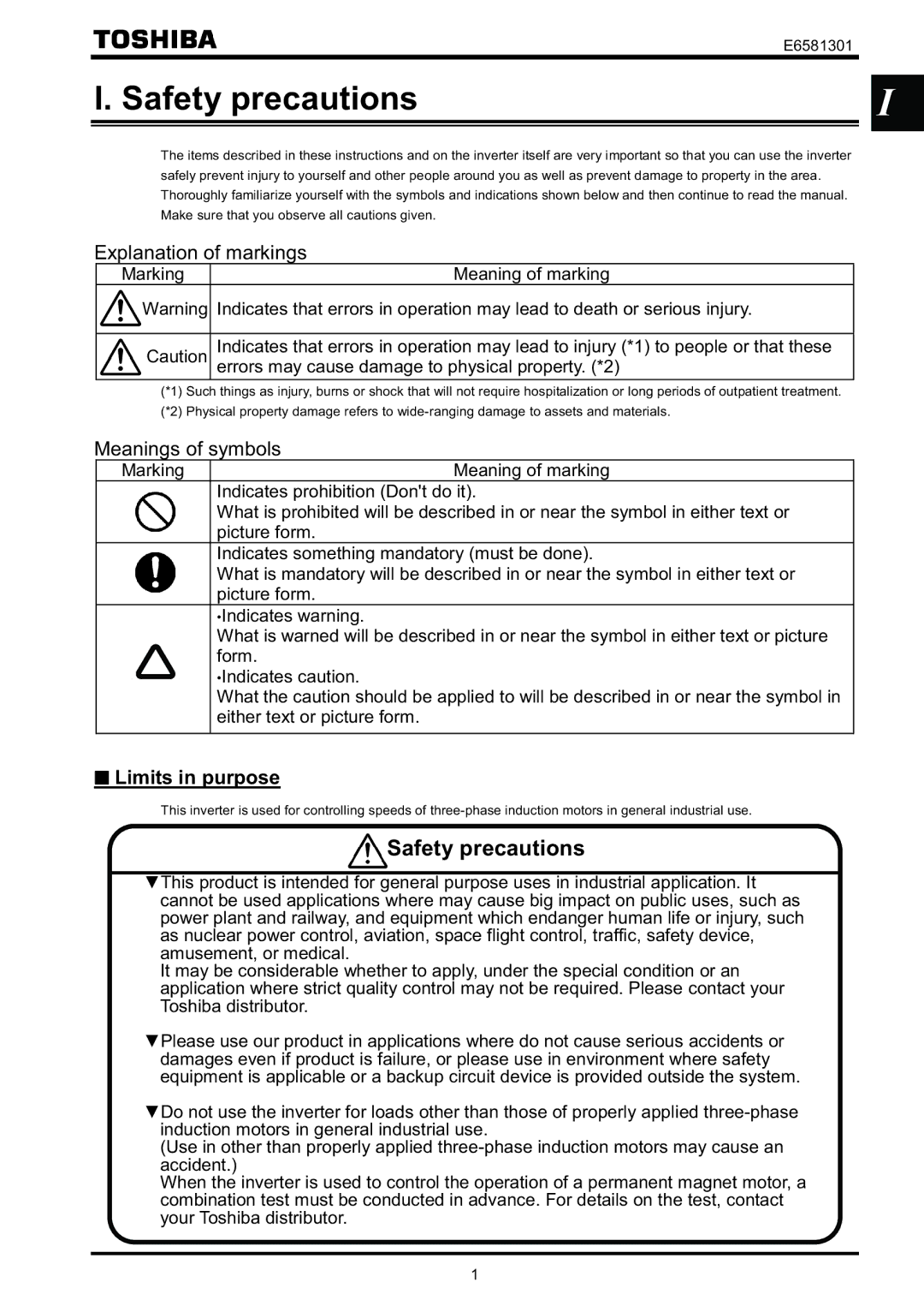 Toshiba VF-AS1 instruction manual Safety precautions, Limits in purpose 