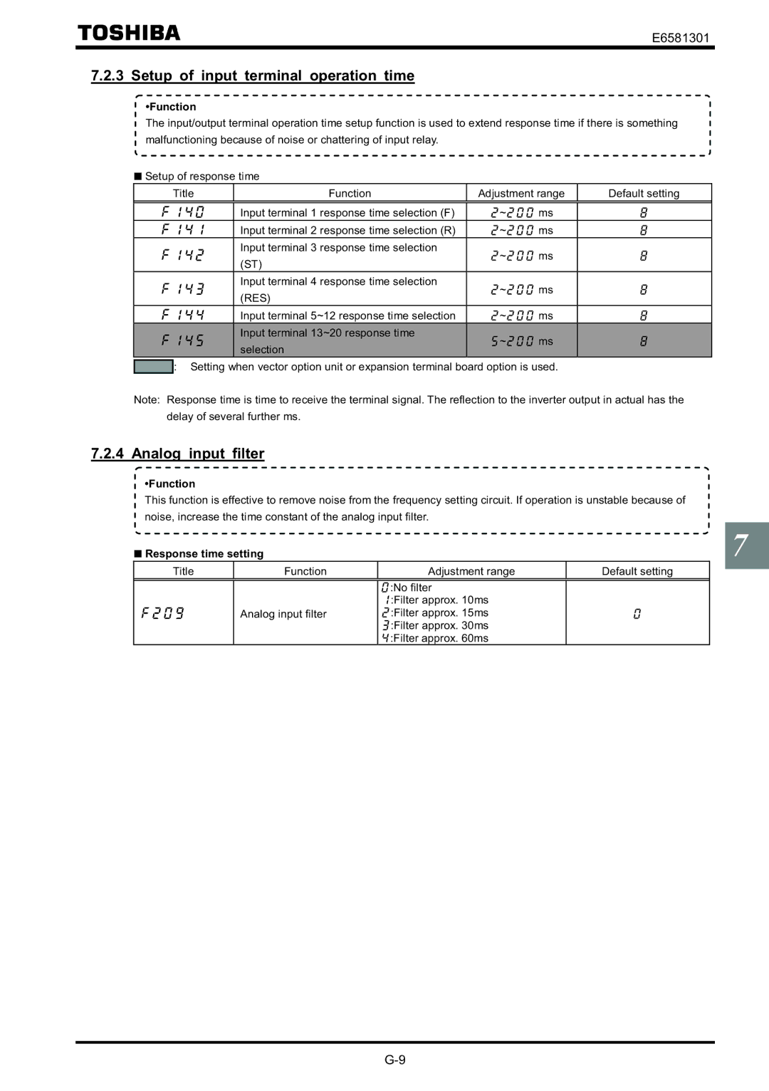 Toshiba VF-AS1 instruction manual Setup of input terminal operation time, Analog input filter, Response time setting 